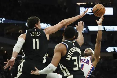 جيانيس أنتيتوكونمبو يسجل نقطة التعادل بينما يحاول لاعب من 76ers التسديد، مع وجود بروك لوبيز في الخلف. تعزيز أداء باكس في المباراة.