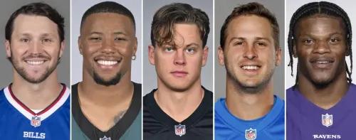 خمسة مرشحين لجائزة أفضل لاعب في NFL يظهرون في الصورة: جوش ألين، ساكون باركلي، جو بورو، جاريد جوف، وللامار جاكسون.
