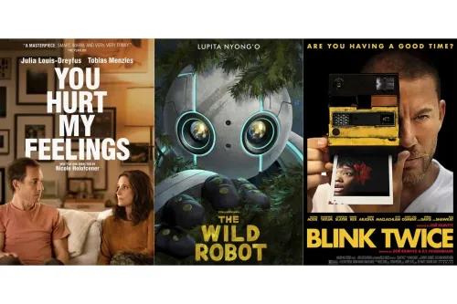 ملصق أفلام يعرض ثلاثة أفلام جديدة: "أنت تؤذي مشاعري" مع جوليا لويس دريفوس، "الروبوت المتوحش" مع لوبيتا نيونغو، و"بلينك توينز" مع تشانينج تاتوم.